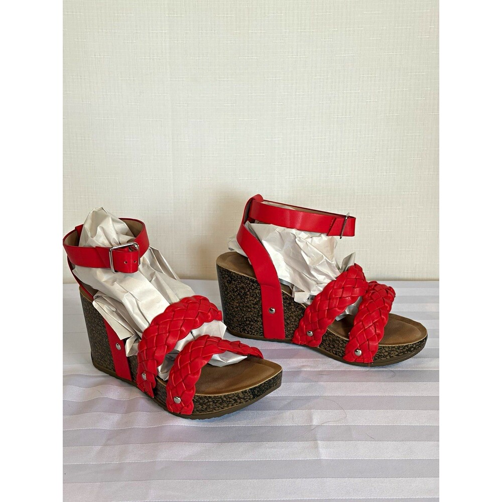 Yoki Women’s Red Braided Strappy Wedge Sandals Ankle Strap Buckle Size 6